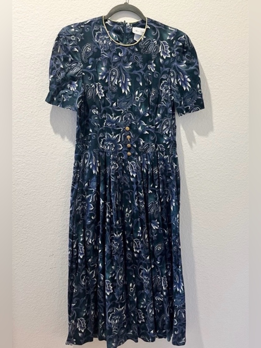 Vintage Blue Paisley Floral Dress Gold Button‎ Detail Puff Sleeve